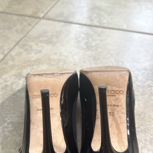 Jimmy Choo Black and Navy Patent and Nubuck Leather Peep Toe Mary Jane Pumps - Picture 12 of 16